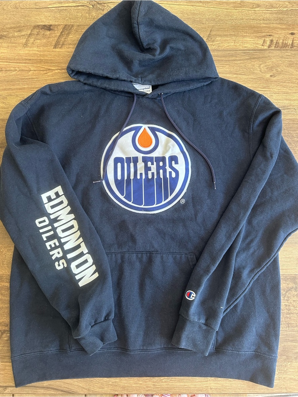 Champion Edmonton Oilers Hoodie Navy Blue Men’s Large Sleeve Spellout NHL